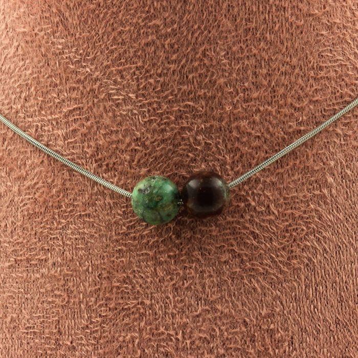 Stones and Minerals. Necklace 2 Beads Turquoise from Peru 8 Mm Stainless Steel Chain Necklace for Women, Men. Custom Size