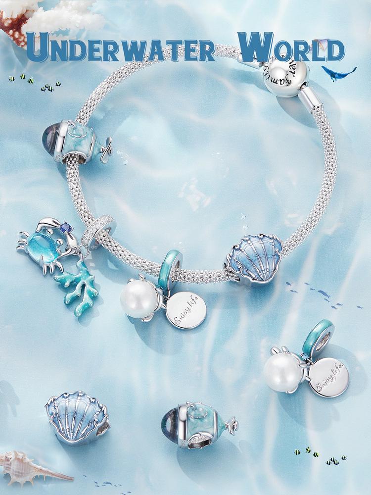 Браслет-шарм из стерлингового серебра 925 пробы Everle с подвесками в виде морских существ: подводной лодки, черепахи и краба