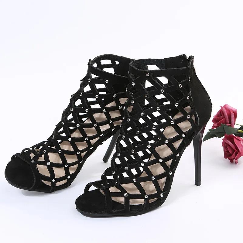 Танцевальная обувь, женские туфли на высоком каблуке для бальных танцев, ботинки для латинского танго, вечерние туфли на мягкой подошве с вырезами, обувь для танцев с открытым носком на молнии