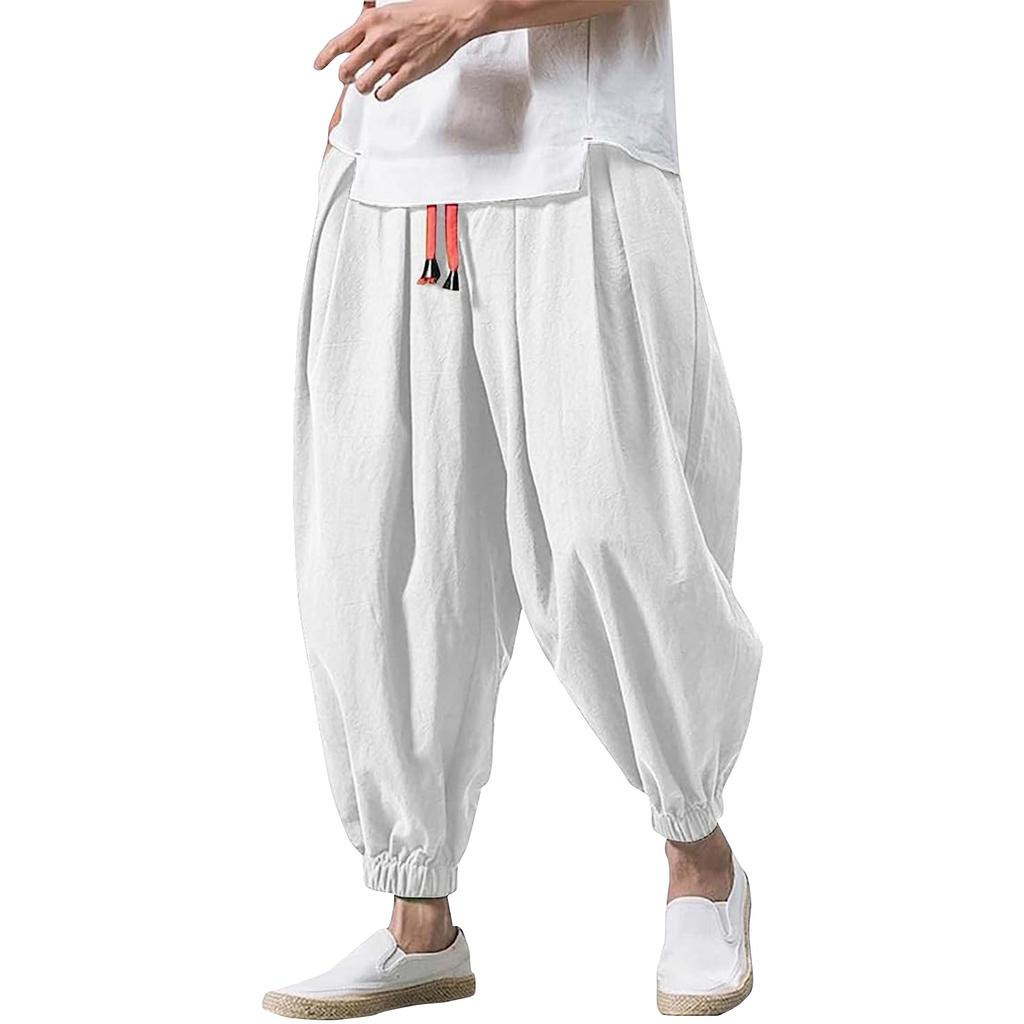 Men's Japanese Cotton Linen Cropped Pants Loose Wide-Legged Pants Plus Size Casual Pants