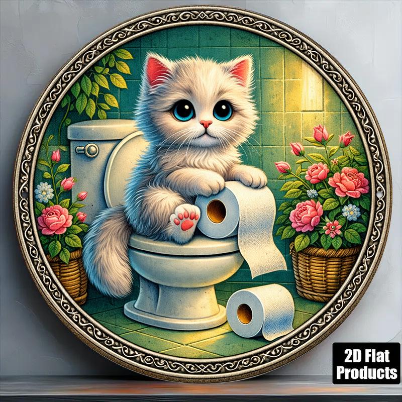 D Flat pc xinxcm D Flat Round Sign Vintage Plaque Featuring a Cute Cat Sitting on a Toilet Playing with Toilet Paper