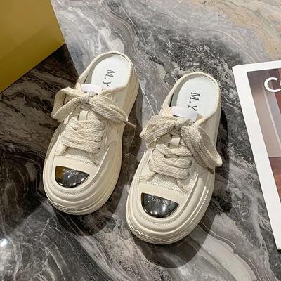 Мода Улица Черный Холст Круглый Носок Слайды Толстая Обувь Женские Тапочки и Женские Сандалии Высота Белый Верх Дизайн Маленький Размер Уникальный