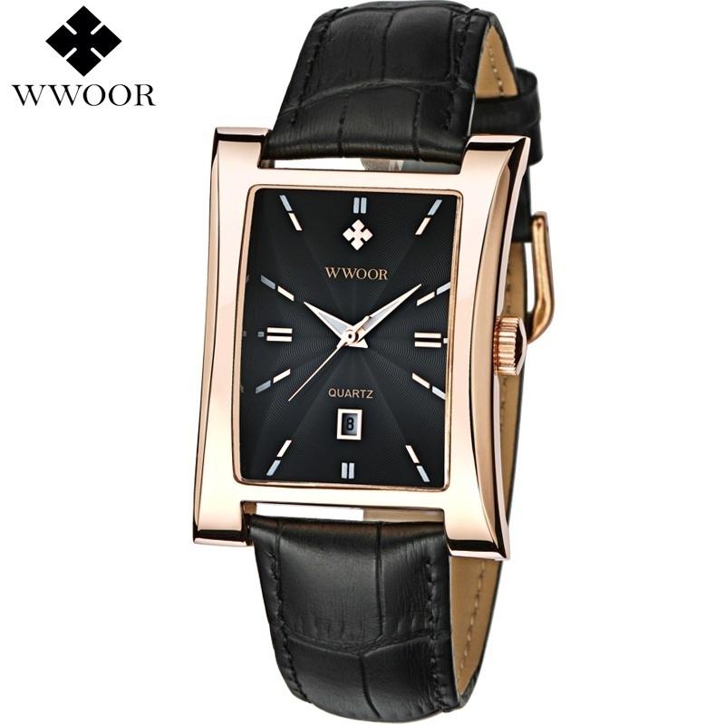 WWOOR Classic Fashion Mens Rectangle Watches Male Gold Brown Leather Quartz Waterproof Wrist Watch