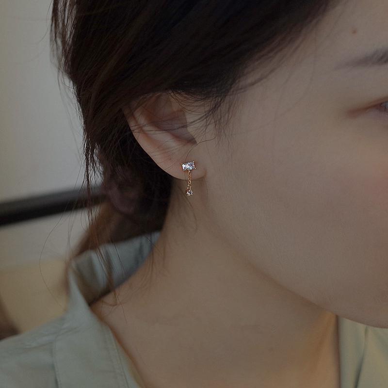 925 Sterling Silver Korean Simple Temperament Geometric Zircon Stud Earrings Women Plating 14k Gold Wedding Jewelry