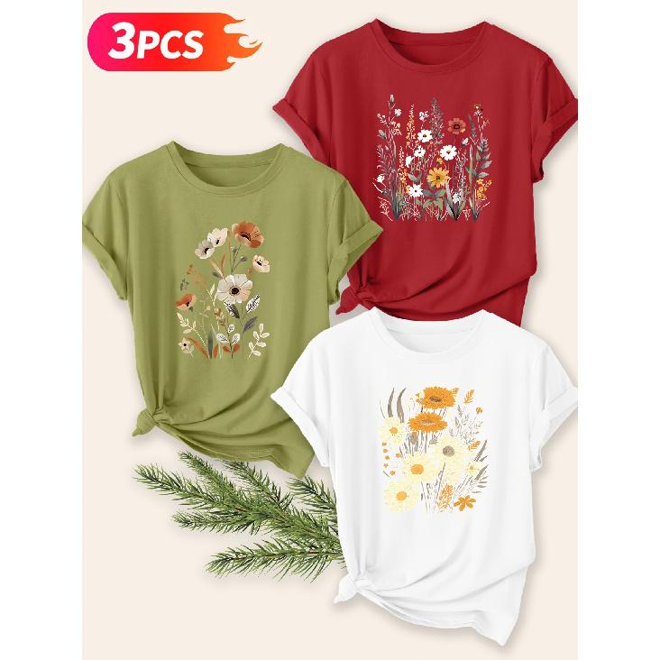 Three-piece set Elegant short-sleeved shirt for women Vintage Daisy Wildflower Print Round Neck Women's T Shirt Suitable for spring