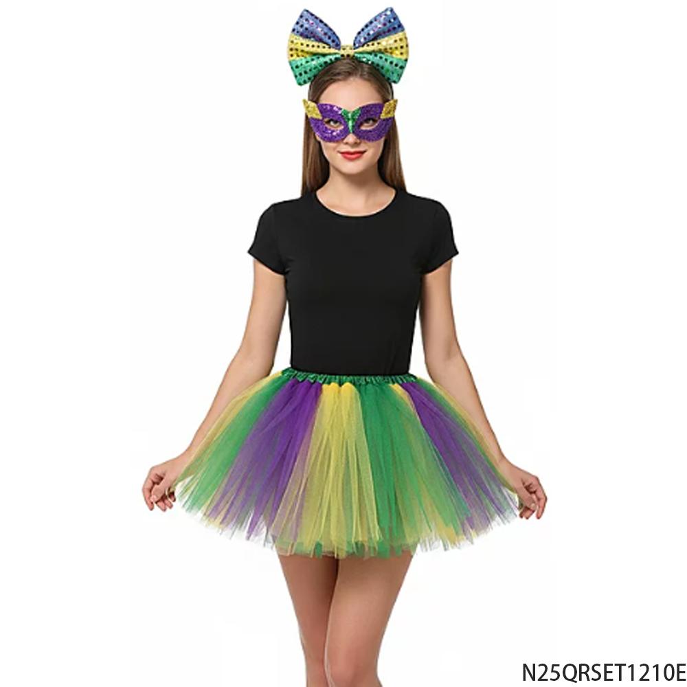 PESENAR Mardi Gras Sequin Costume Set Headband Mask Tutu Skirt Party Accessory