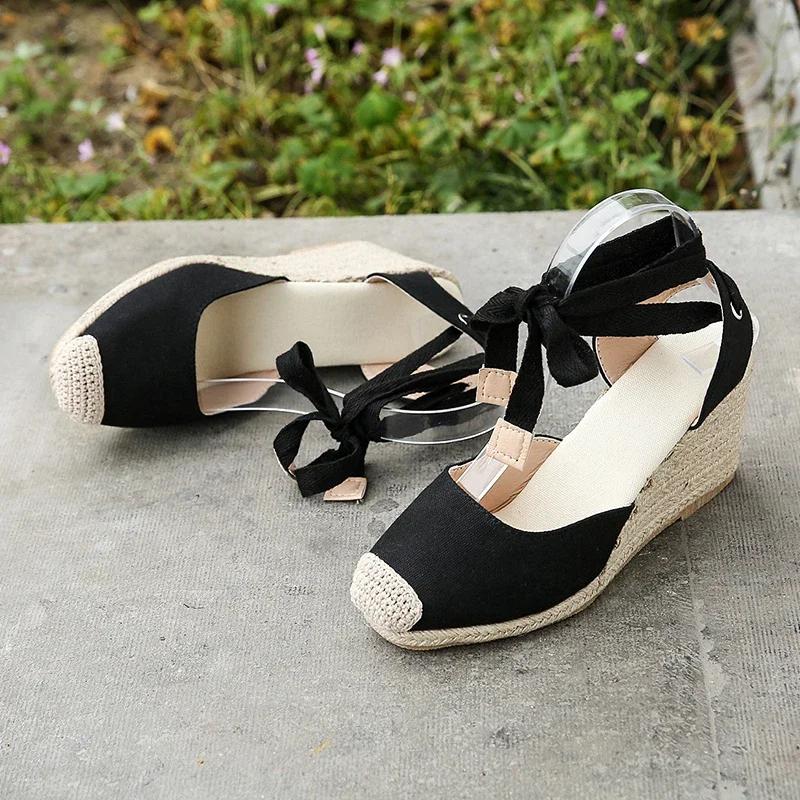 Fashion 2024 Summer New Large-size Wedge Sandals for Women Thick-soled Toe Wrap Heel Ring Strap Cloth Hemp Rope Sandals Women's Shoes