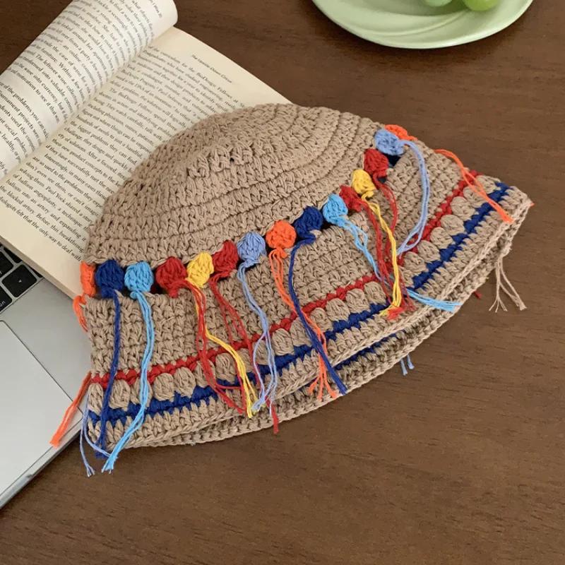 Корейская версия, свежая цветная вязаная панама с бахромой, женская, весна и осень, фото, дорожная, универсальная, повседневная, ретро-кепка