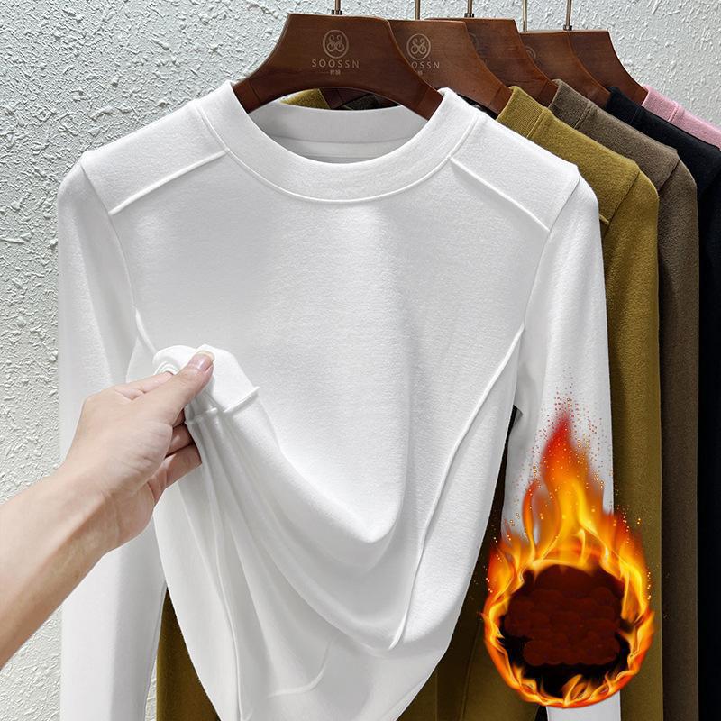 Autumn and Winter Women's Bottoming Shirt Brushed Fleece Long Sleeve Blouse Inner Bottoming Shirt Design Tops