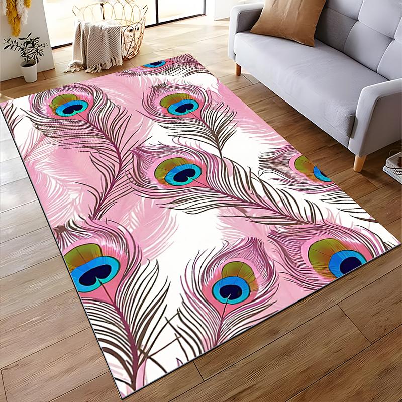Pink and Colorful Peacock Feathers Non-slip rug suitable for living room and bedroom sofas