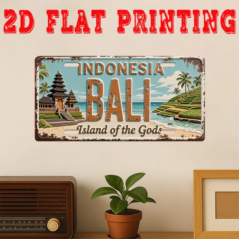 D Flat pc Vintage Aluminum Sign Decorative Plaque And Signboard Bali Sign Retro Wall Art of Temples And Rice Terraces