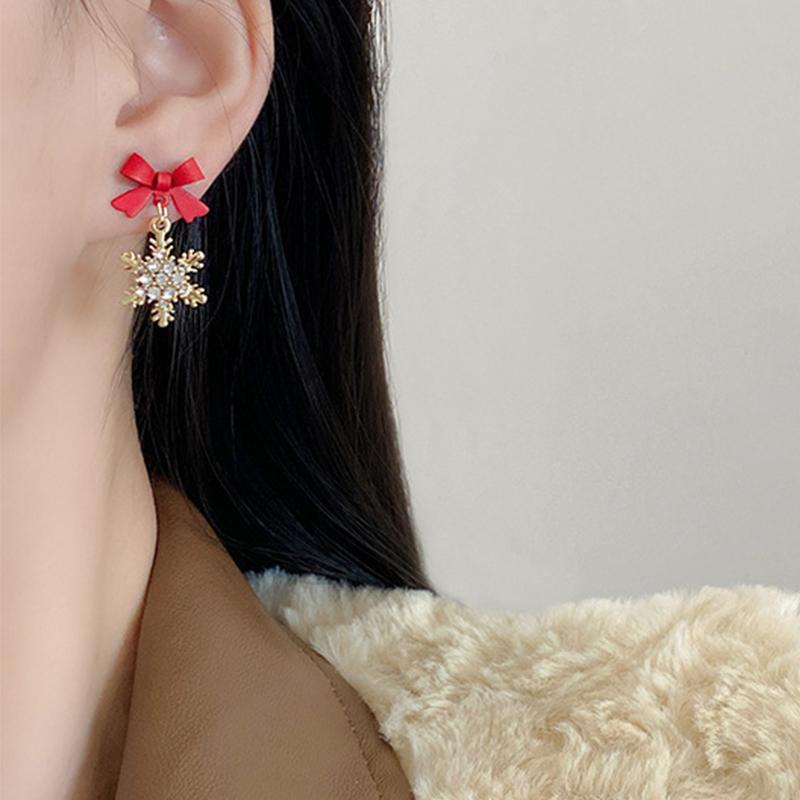 Ins модные красные серьги со снежинками и бантом для женщин, корейские украшения для ушей, рождественские новые золотые серьги-подвески со снегом