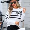 Осенне-зимний женский свитер с полосатым бантом и круглым вырезом, вязаный модный свитер с цветочным узором
