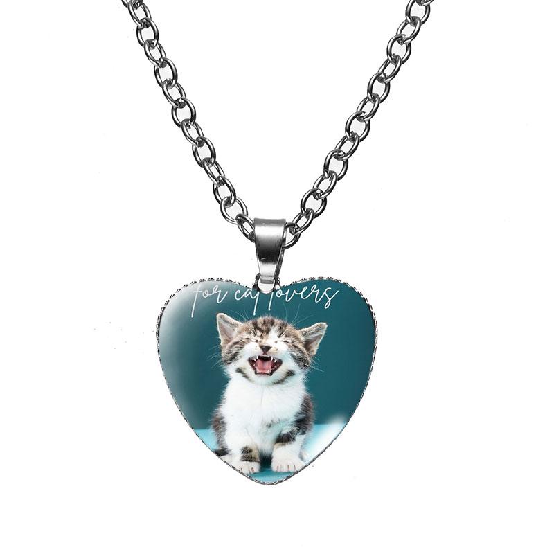 Женская мода милый питомец котенок стеклянный кабошон сердце форма ожерелье кулон ожерелье ювелирные изделия аксессуары подарки