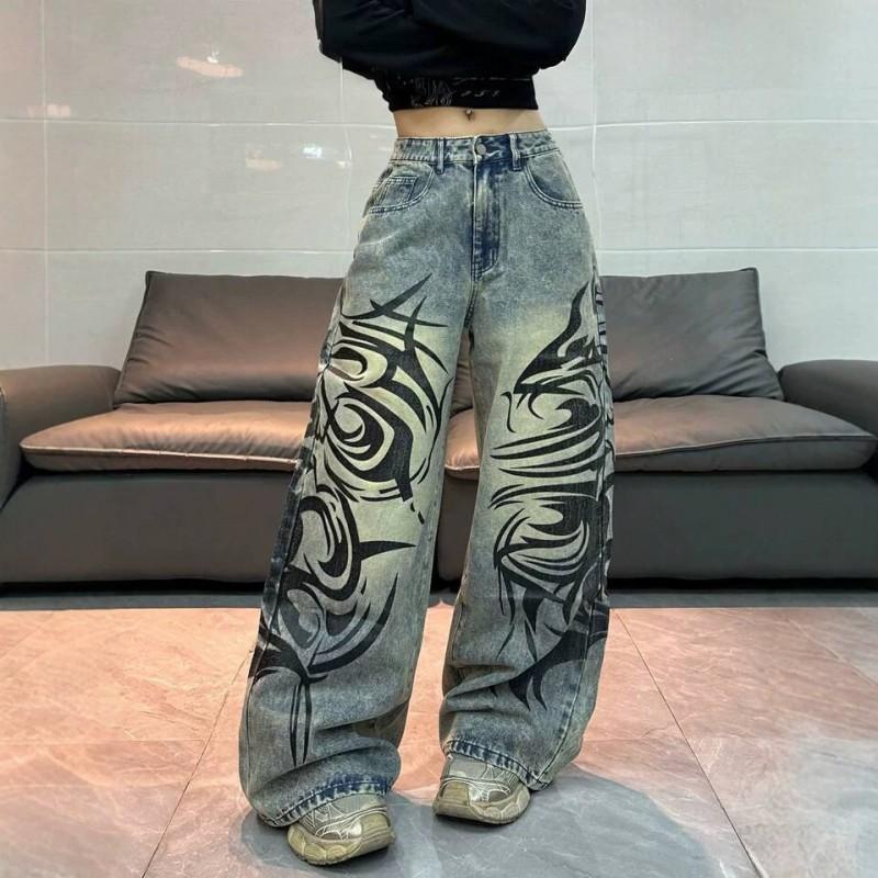 Womens Oversized Printed Denim Wide Leg Pants High Waist Streetwear Loose Fit Long Trousers