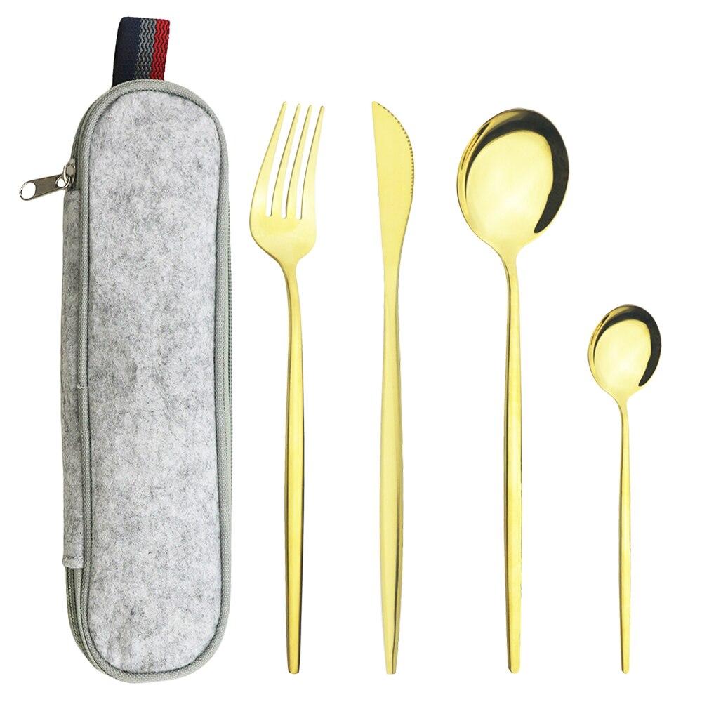 Мятно-зеленый, золотой набор столовой посуды, набор столовых приборов для кемпинга, нож, вилка, ложка с портативной серой сумкой, набор посуды из нержавеющей стали