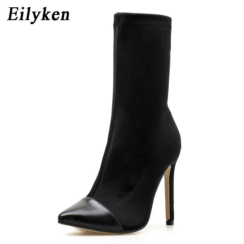 Eilyken Winter Women Ankle Boots Pointed Toe Elastic Slip On High Heel Sock Booties Female Pumps De Mujer