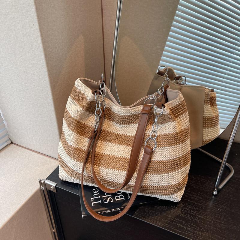 Женская сумка через плечо, полосатая сумка-тоут контрастного цвета, плетеная сумка-тоут, большая вместимость, плетеная сумка из соломы