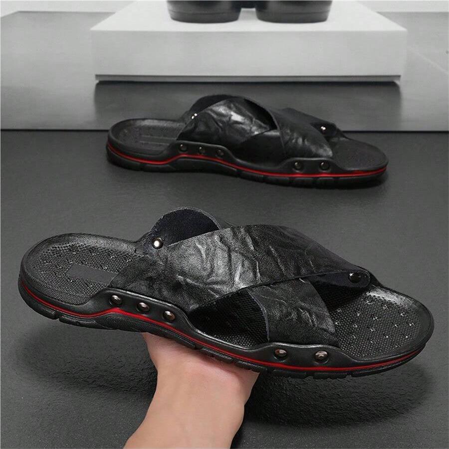 Мода Лето 2025 Новые Мужские Кожаные Повседневные Туфли Универсальные Шлепанцы Домашние Противоскользящие Удобные Мужские Пляжные Плоские Мужские Шлепанцы Полусабо