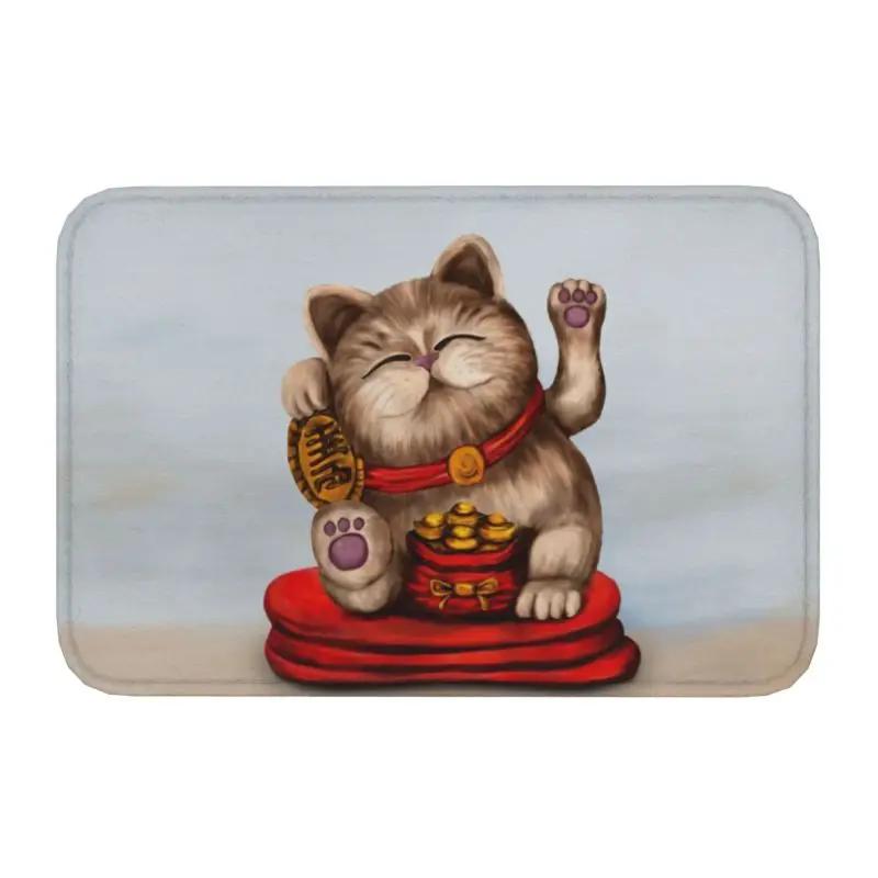 Custom Kawaii Maneki Neko Lucky Cat Doormat Non-Slip Entrance Bath Kitchen Floor Door Mat Japanese Geisha Art Garden Carpet Rug