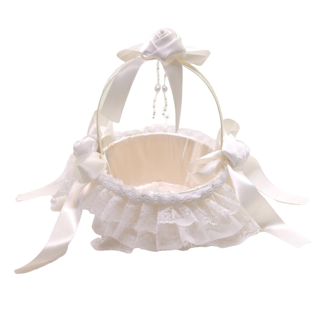 Lace Ruffles Wedding Baskets Bowknot Flower Baskets for Wedding Ceremony Wedding Flower Girl Basket with Flower Handle