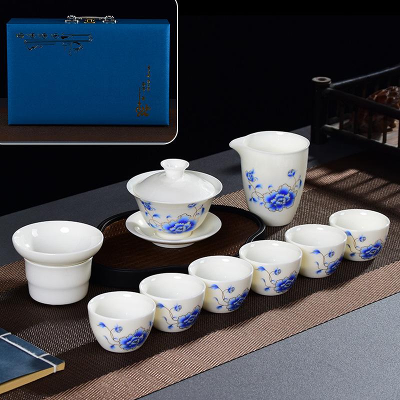 White porcelain tea set business gift cover bowl tea set gift box set suet jade porcelain high-end kung fu tea set
