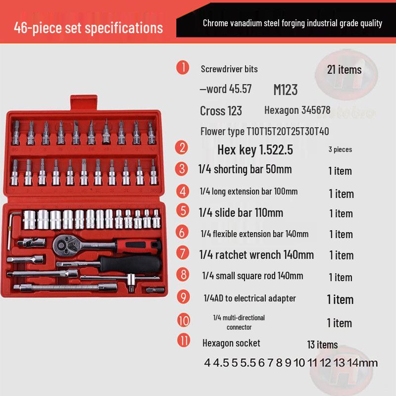 Набор инструментов для ремонта автомобилей и мотоциклов из 46 предметов - Головки, Трещоточный ключ, Шестигранный ключ
