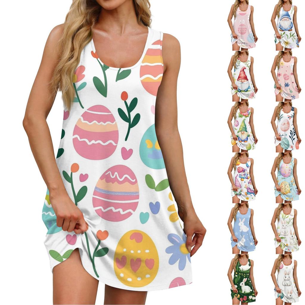 Women's Summer Casual Square Collar Easter Print Dress Sleeveless Dress With Pockets