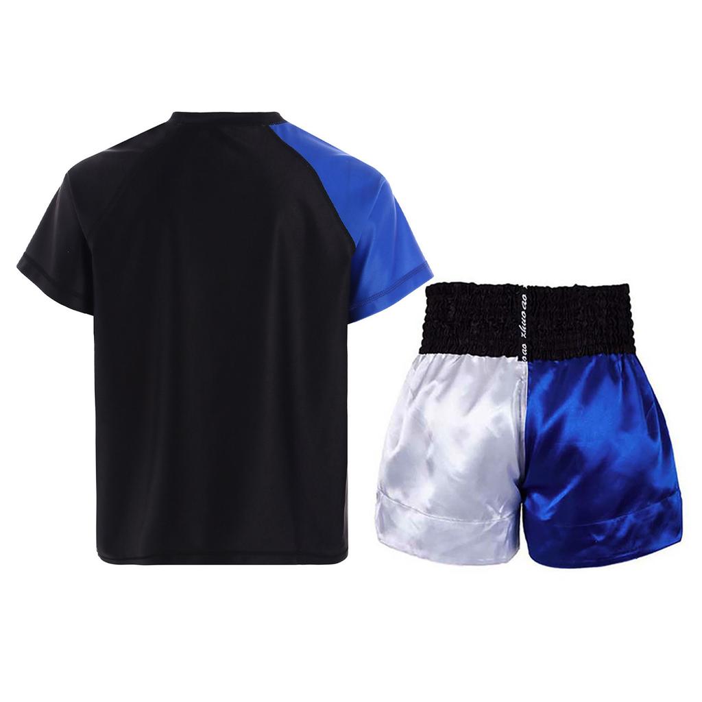 Boys Boxer Training Set Color Block Patchwork T Shirt Round Neck Short Sleeve Athletic Top Boxing Shorts