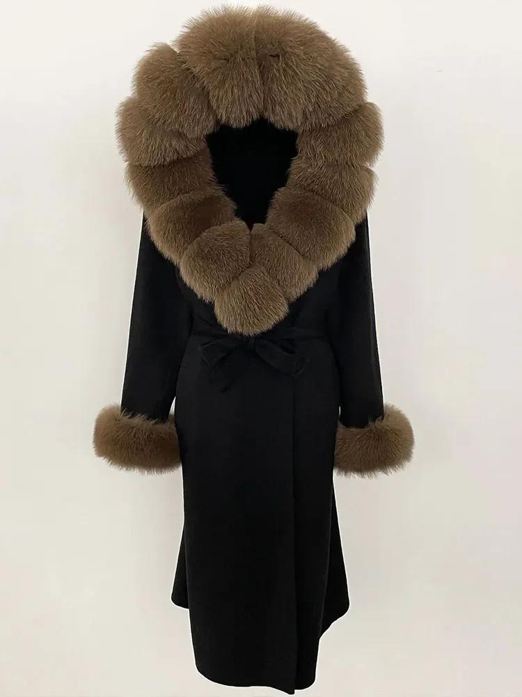 OFTBUY Осень-зима Женское пальто с воротником из натурального меха лисы с капюшоном Двусторонняя шерстяная куртка из смесей Толстая теплая повседневная верхняя одежда