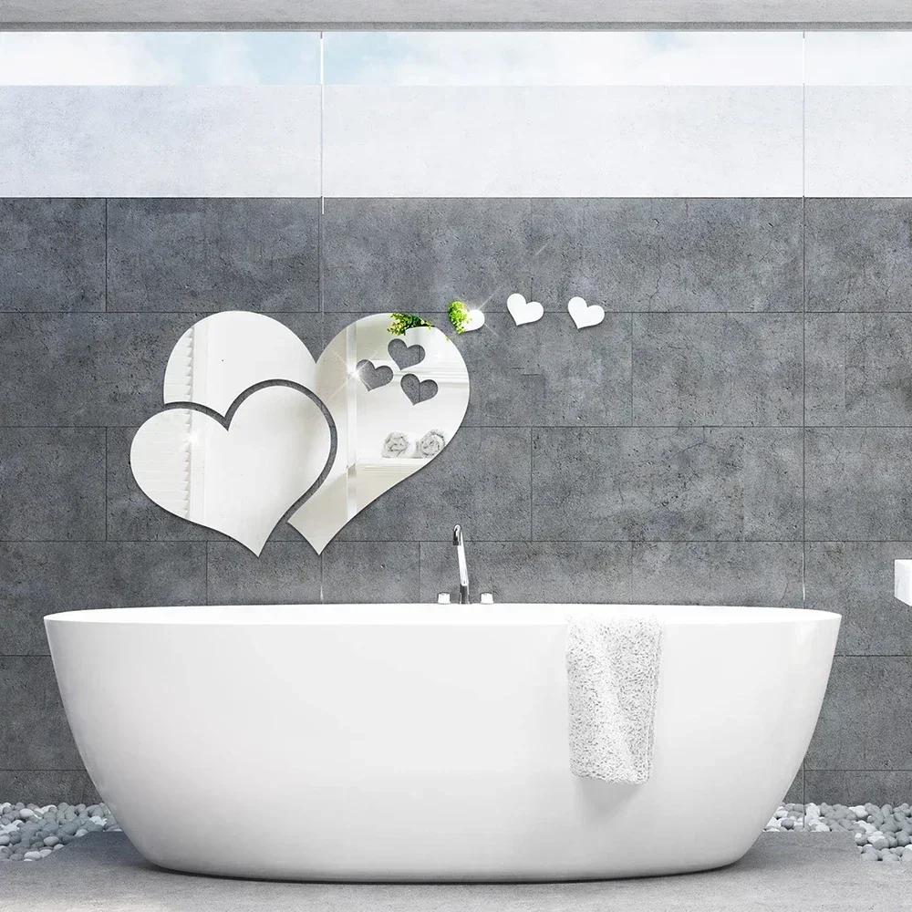 3D Зеркальные Наклейки на Стену Сердца Модные DIY Наклейки Самоклеящиеся LOVE Свадебный Фон Украшение Комнаты Обои