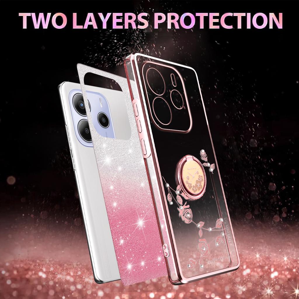 For Xiaomi Redmi Note 14 5G Case Ring Kickstand TPU Flowers Phone Cover Gradient Glitter