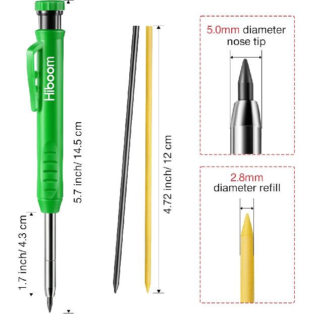 Hiboom Solid Carpenter Pencil Set for Construction with 7 Refills Built-in Sharpener, Long Nosed Deep Hole Mechanical Pencil Marker for Carpenter