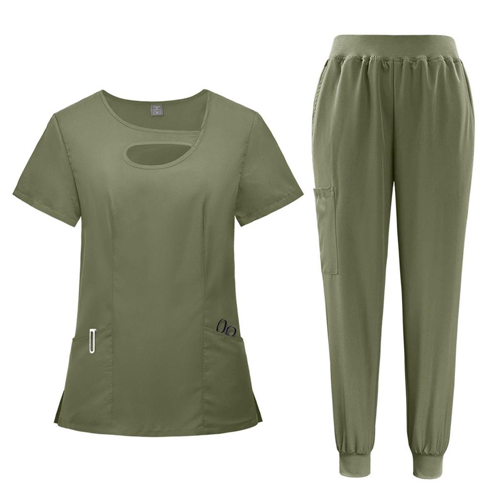 Women's Uniform Quick-drying Fabric Solid Color V-neck Double Pocket Short-sleeved Trousers Suit Dry-nurse Work Clothes