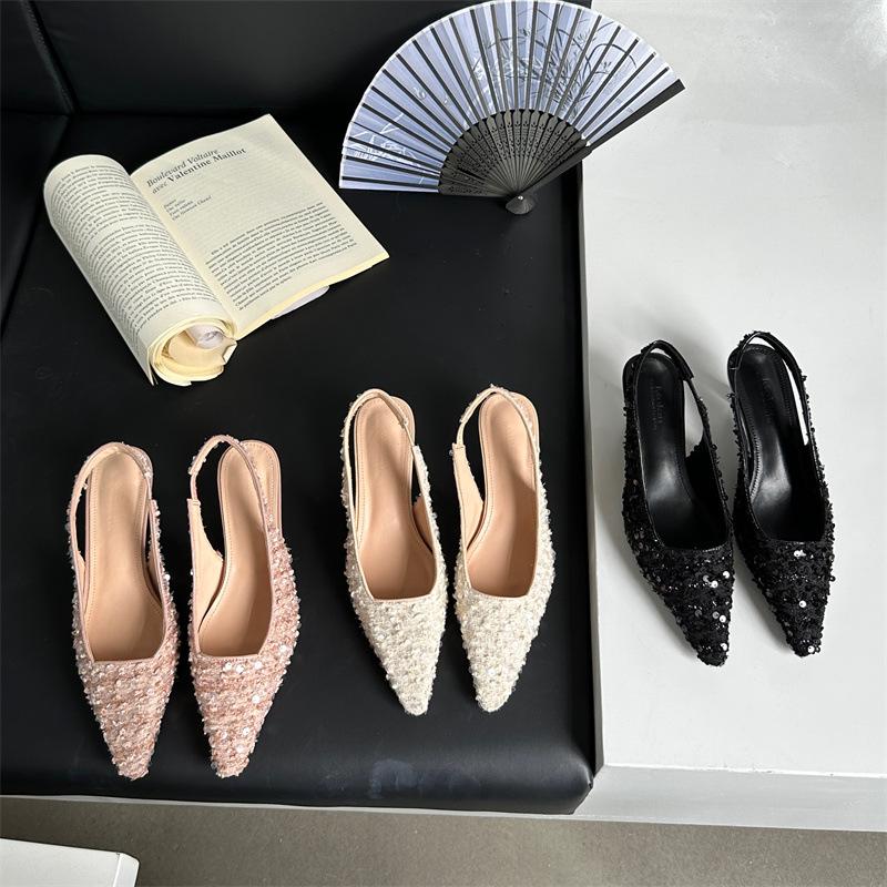 Французские босоножки Niche Premium Bag Head Туфли Fairy Shoes Остроносые туфли с пайетками High