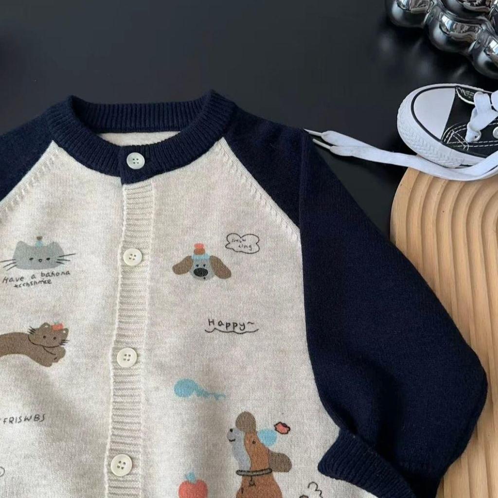 Детский мультяшный вязаный кардиган 2025 года с цветными блоками - Мягкий, удобный осенний свитер