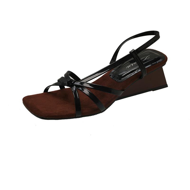 One word with high heels sandals women's head temperament open toe with skirt retro wedge heel shoes summer sandals