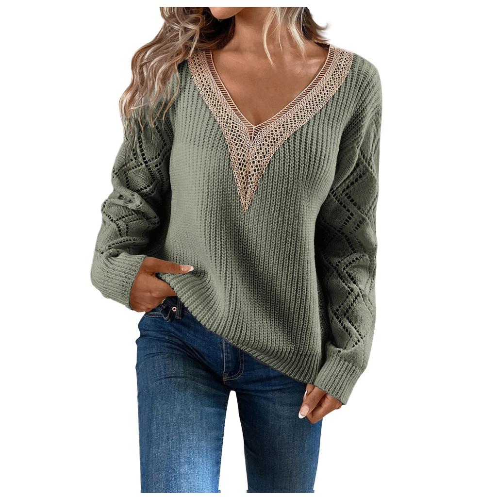 Женская мода, повседневный полый кружевной пуловер с v-образным вырезом, однотонный свободный легкий топ с длинными рукавами, вязаный свитер