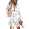 МОДА Летнее прозрачное кружевное мини-бикини-платье с глубоким V-образным вырезом, длинными рукавами, высокой талией, свободным подолом, пляжное платье