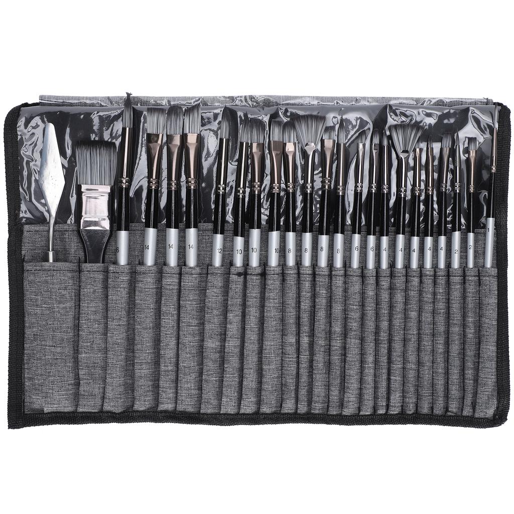 24Pcs Painting Brush Set Nylon Wool Wooden Handle with Bag for Acrylic Watercolor PaintGray