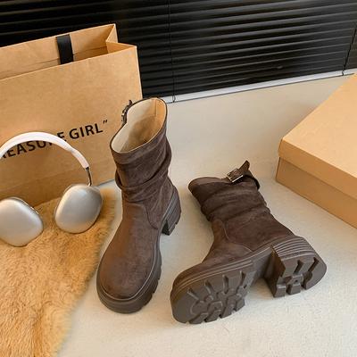 Современные ботинки на квадратном каблуке с щиколоткой, весна/осень, женская обувь без застежек, распродажа 2024 года, модные женские ботинки на среднем каблуке с круглым носком и пряжкой