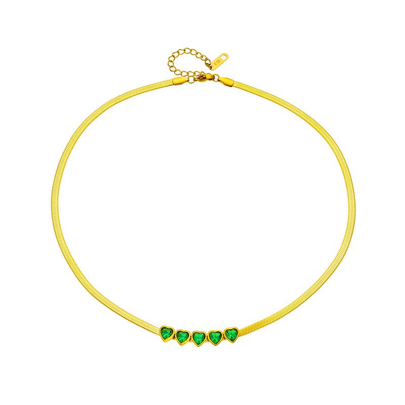 18K Gold Plated Green Heart Herringbone Necklace, Dainty Emerald Heart Choker for Women, Trendy Jewelry