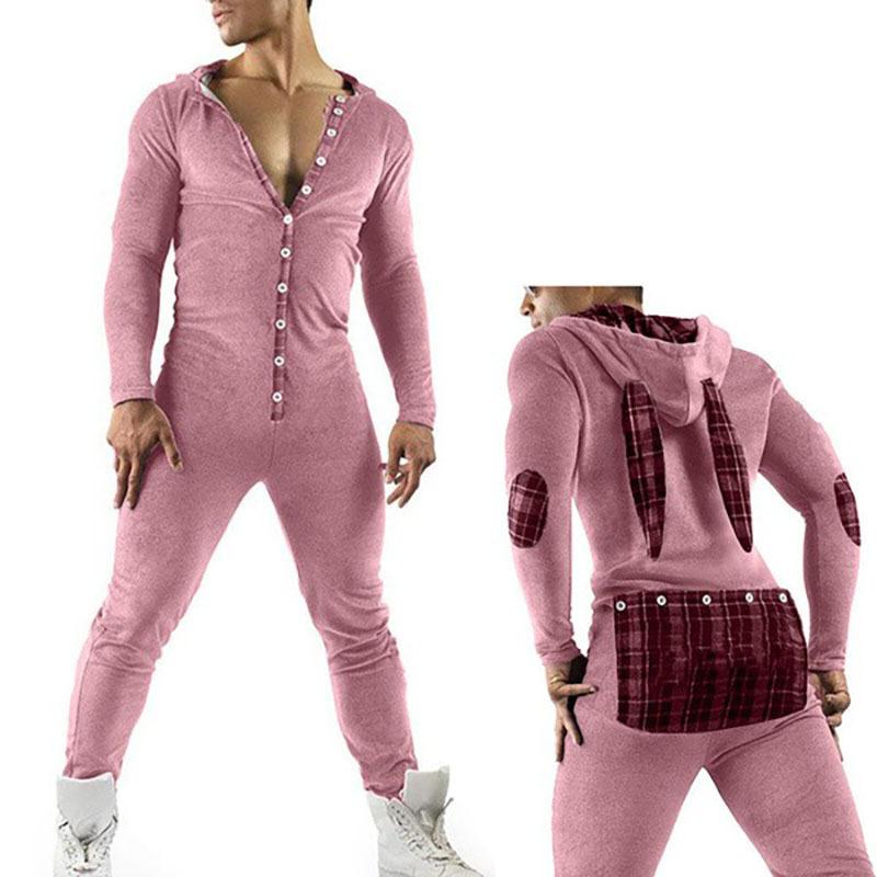 Мужской комбинезон, повседневный комбинезон с длинным рукавом, капюшоном с кроличьими ушками, воротником на пуговицах, длинными брюками, пижама, большого размера