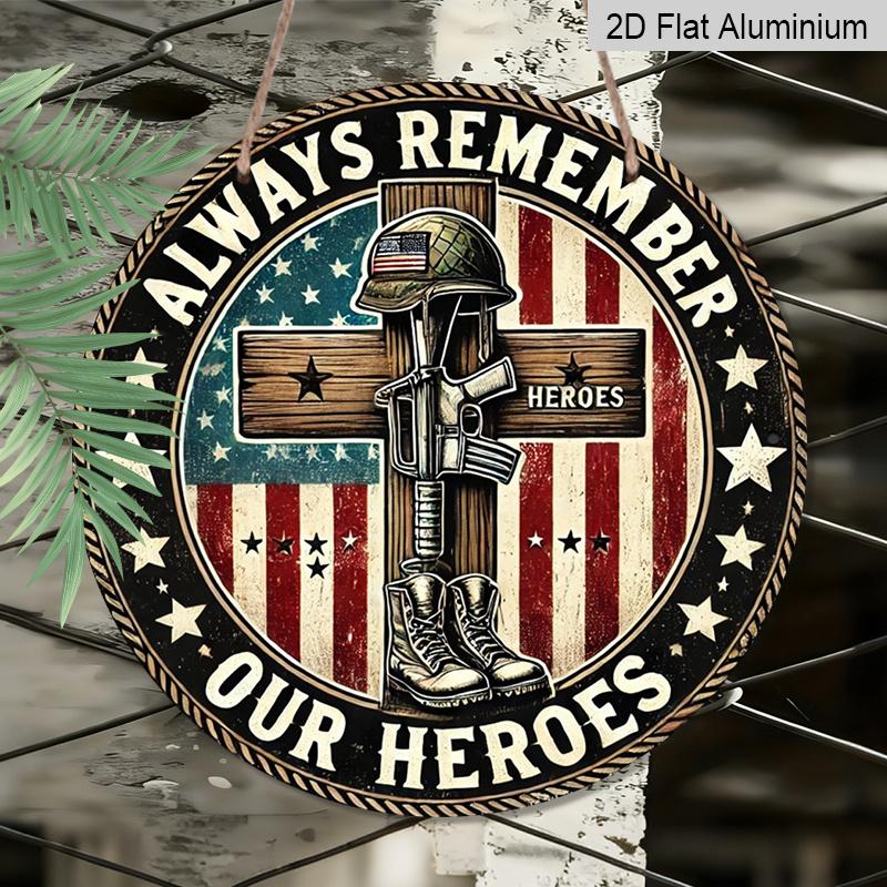 2D Flat, 1pc 7.87 Round Metal Sign | Patriotic Army Boots & Cross Iron Wall Art | Vintage Style, Wall Hanging, Suitable for Indoor & Outdoor Use in