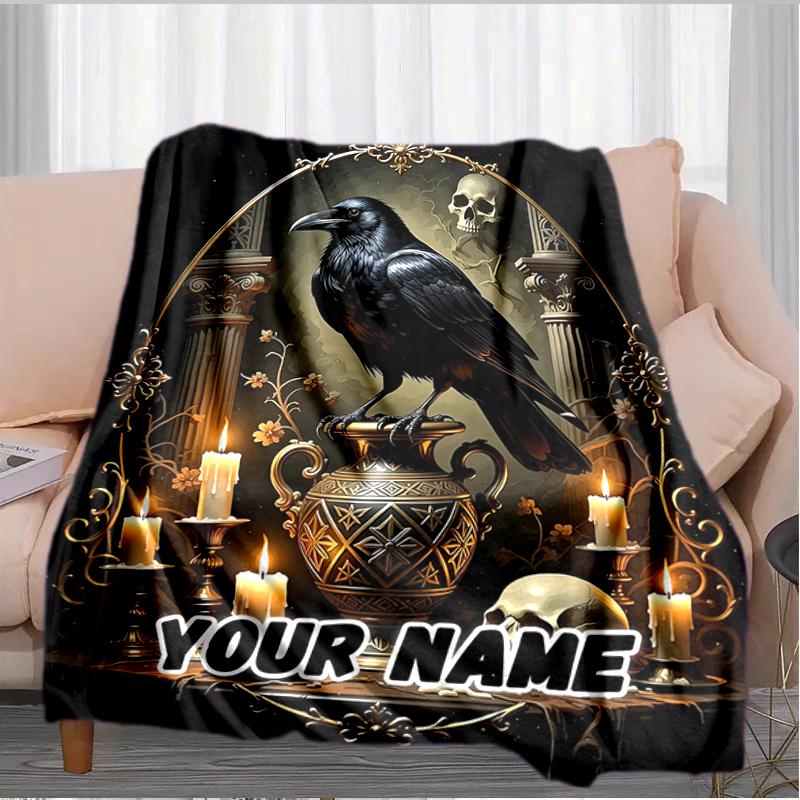 1PC Custom Name Ethereal Raven Skull flannel blanket versatile,all-season throw suitable for the living room,bedroom,camping,travel,and gift