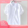 Men's Short-Sleeve Stand Collar White Linen Shirt, Casual Loose Fit, Lightweight Summer Cotton.
