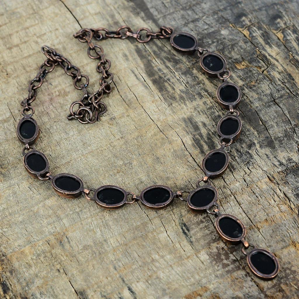 Ожерелье из черного оникса, ожерелье из электроформированной меди, ожерелье с регулируемой цепочкой, элегантные медные украшения, ожерелье из драгоценных камней ручной работы, свадебные подарки
