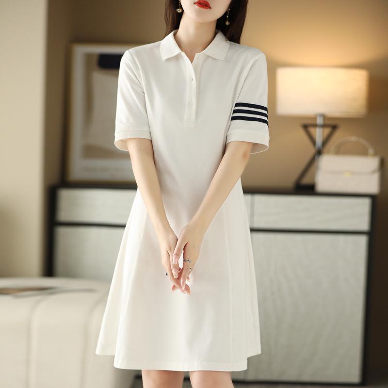 2025 Women's Summer Polo Collar Slimming Mid-Length Color Block Dress with Big Swing Cotton Skirt