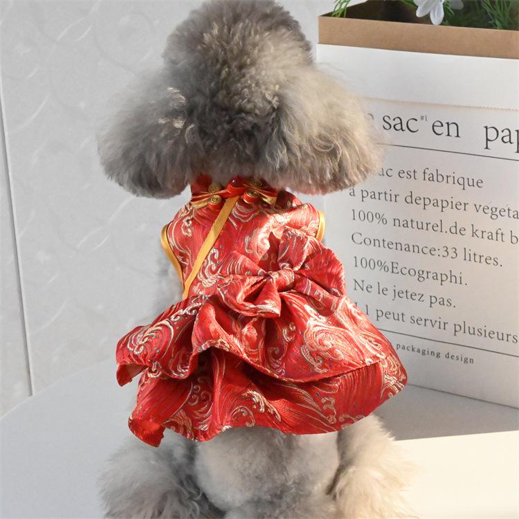 New Chinese Style Tang Clothing Pet Clothes 2025 New Fashion Red Print Princess Dress For Small Medium Dog Teddy Puppy Dog Skirt