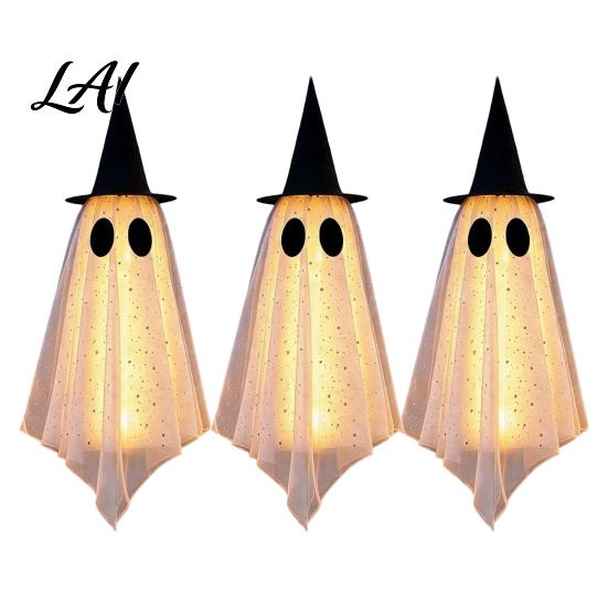 Reusable Fabric Halloween Decor 3 Pcs Hanging Ghost Decoration Spooky Large Mesh Weather Resistant Outdoor Ghosts with Witch Hat for Porch,